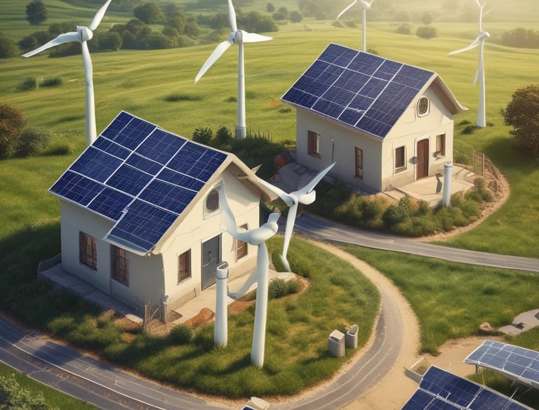 Image of solar panels and wind turbines under a clear sky.