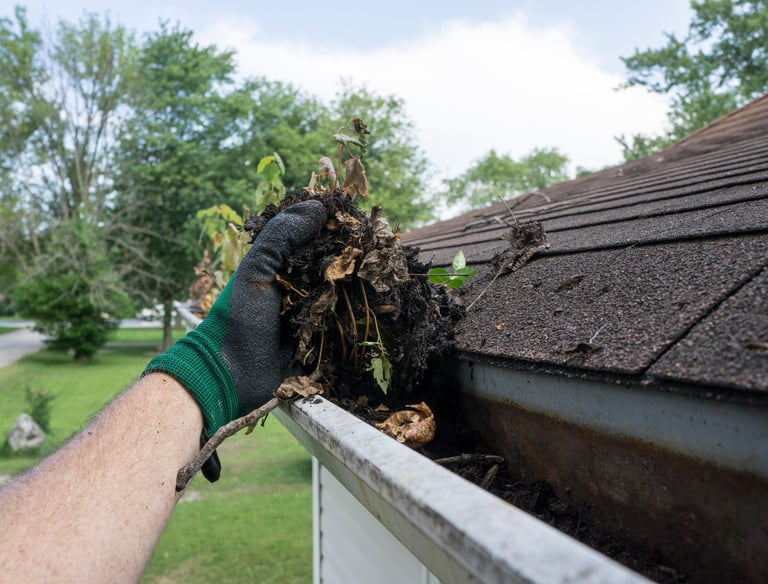 A person wearing a green work glove removes debris and leaves from a clogged residential roof gutter.