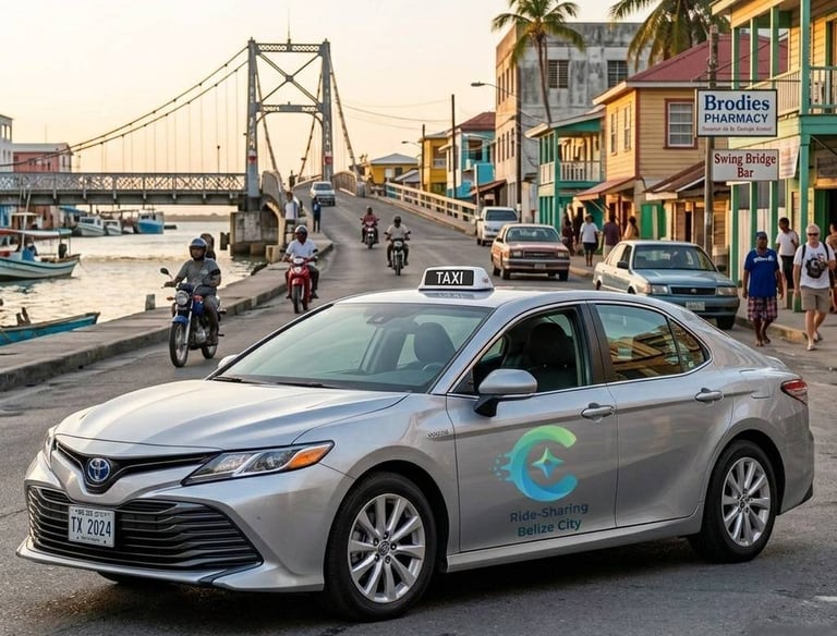 A silver Toyota Camry ride-sharing taxi parked near the iconic Swing Bridge in Belize City.