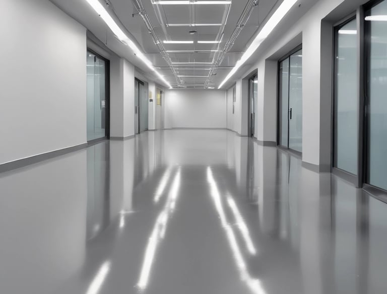 Close-up of a smooth, glossy epoxy floor in a busy warehouse.