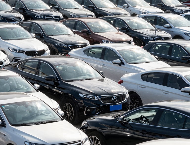 A friendly agent shaking hands with a customer beside a shiny used car.