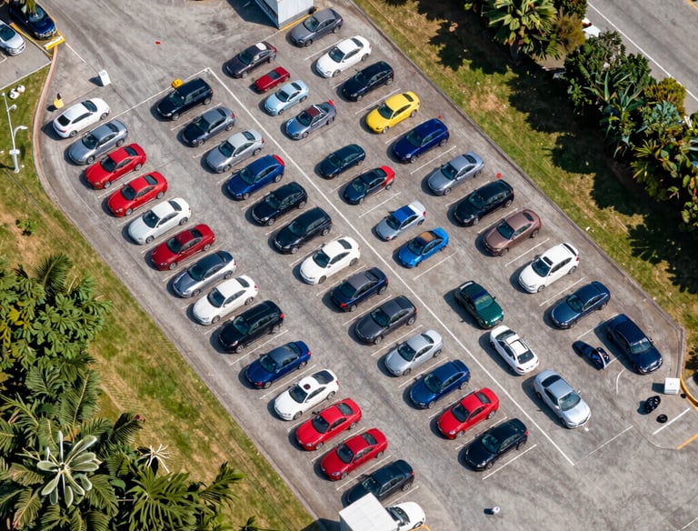 A close-up of hands exchanging car keys with a blurred vehicle in the background.