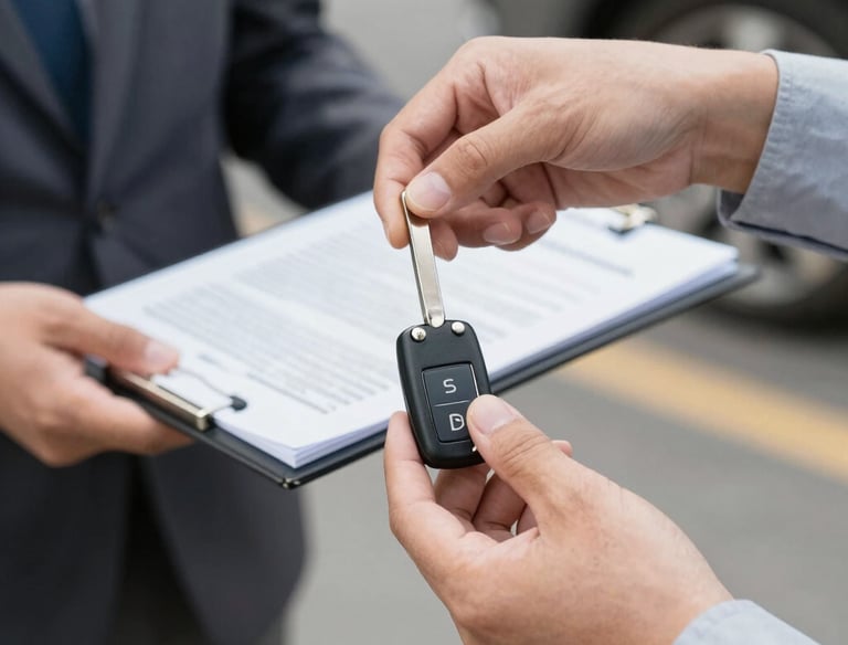 A friendly agent shaking hands with a customer beside a shiny sedan.