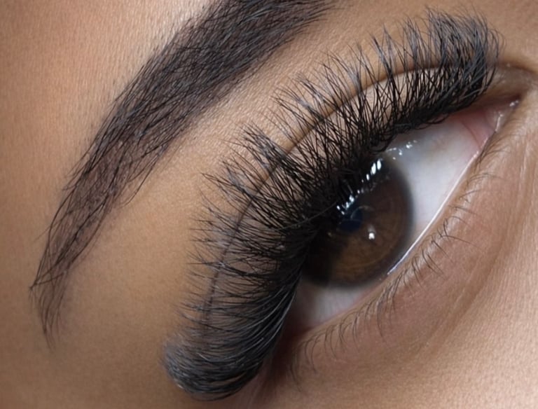 Close-up of a brown eye with long, voluminous volume eyelash extensions and a shaped eyebrow.