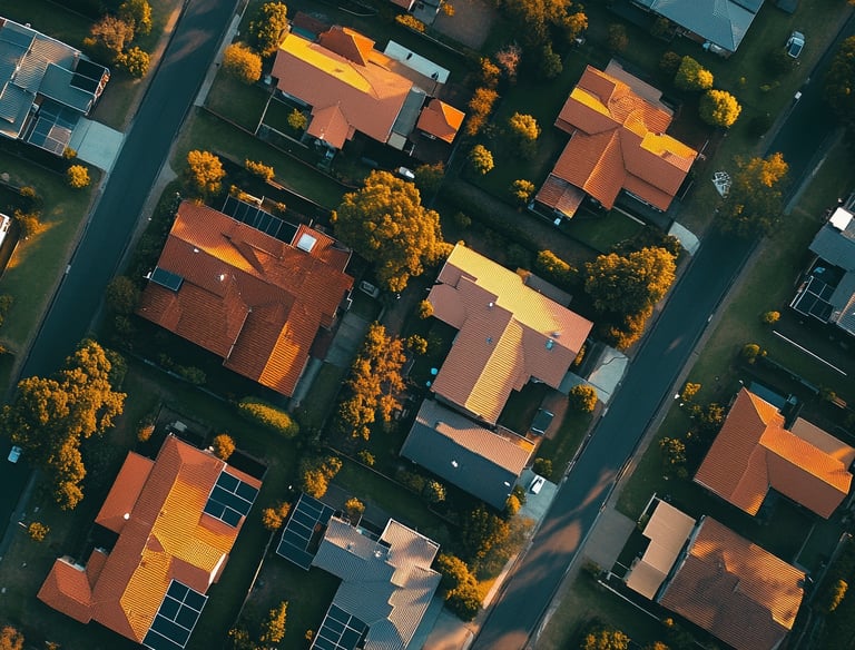 Overhead aerial view of a residential neighborhood with tree-lined streets and warm golden light.