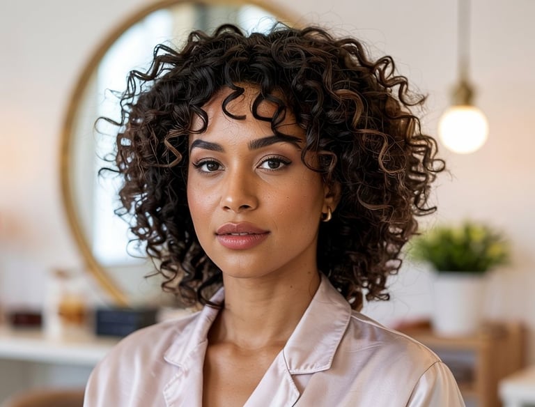 Femme avec des boucles définies, assise en peignoir dans un fauteuil de soin, dans un cadre chic pro
