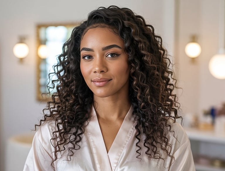 Femme avec des boucles définies, assise en peignoir dans un fauteuil de soin, dans un cadre chic pro