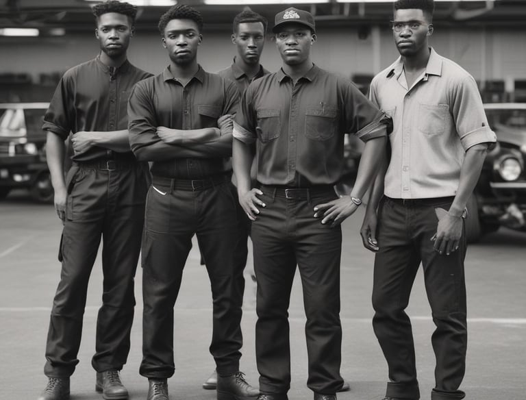 A group of seven men wearing matching blue work uniforms stands in front of a garage with signs denoting 'CAM STONE'S AUTOMOTIVE' and 'NAPA AutoCare Center.' Two white vans with signage promoting auto services are visible. The men appear to be staff members or mechanics.