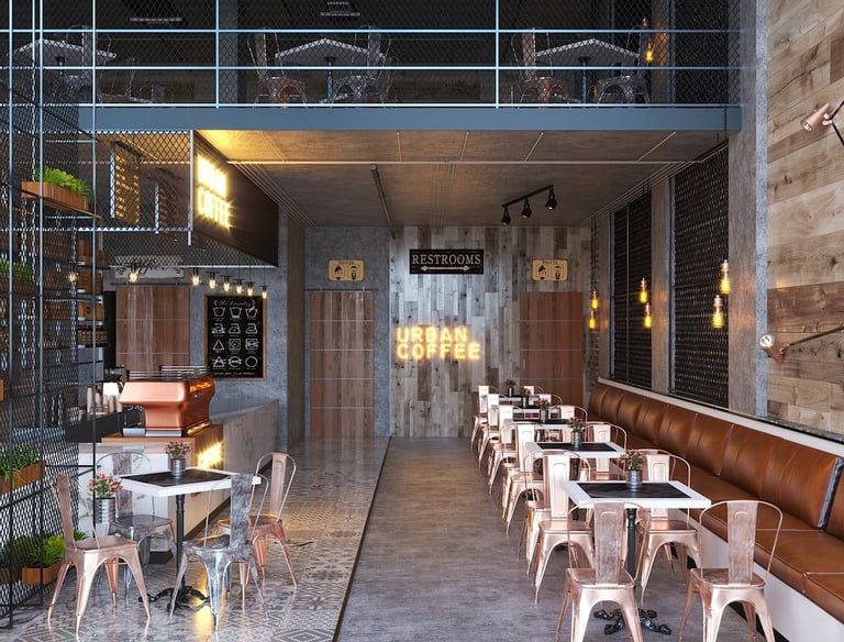 a restaurant with a long table and chairs
