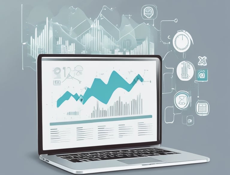 A laptop displaying a webpage with the text 'I design and develop experiences that make people's lives simple.' is placed on a wooden table. It is set in an outdoor seating area with white furniture and greenery in the background. The setting appears to be calm and conducive to work or relaxation.