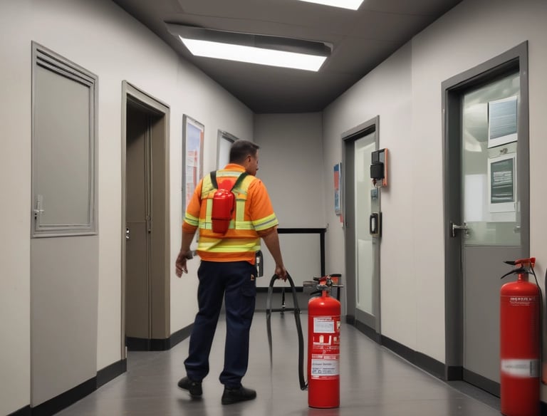 A group of employees practicing fire safety techniques together outdoors.
