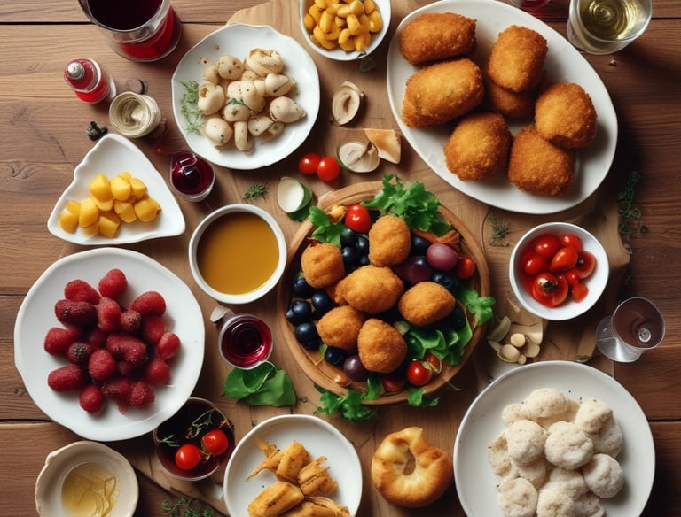 A vibrant plate of assorted Mediterranean tapas arranged beautifully.