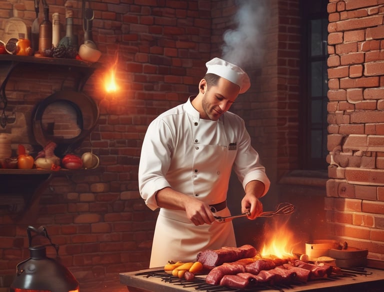 A cozy dining area with warm lighting and rustic decor.