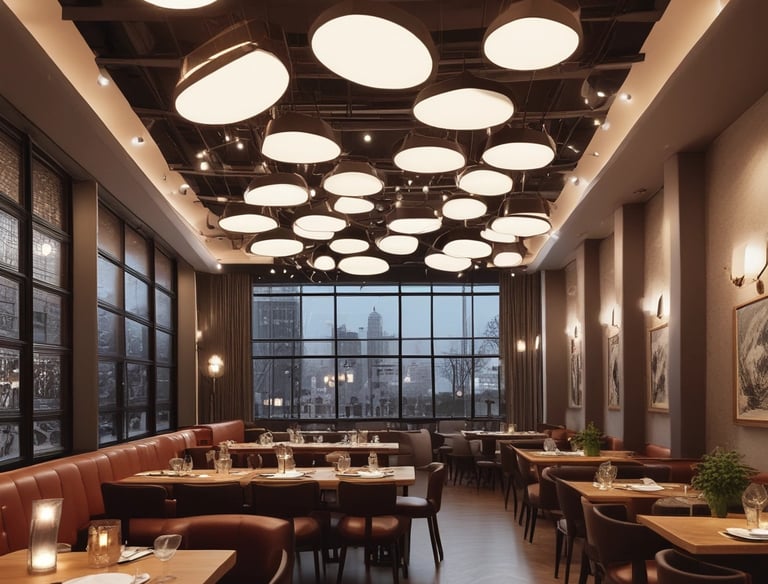 An abstract architectural design featuring pointed geometric patterns and circular light fixtures, creating a visually complex and textured surface. Soft, indirect lighting enhances the intricate details of the structure.
