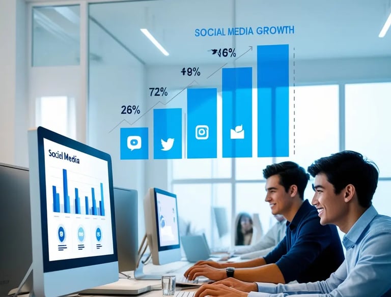Dos hombres trabajando en una oficina moderna con gráficos de crecimiento de redes sociales en las pantallas de las computado