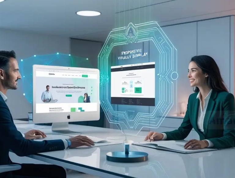Un hombre y una mujer en un ambiente de oficina moderna analizan diseños web interactivos proyectados en hologramas.