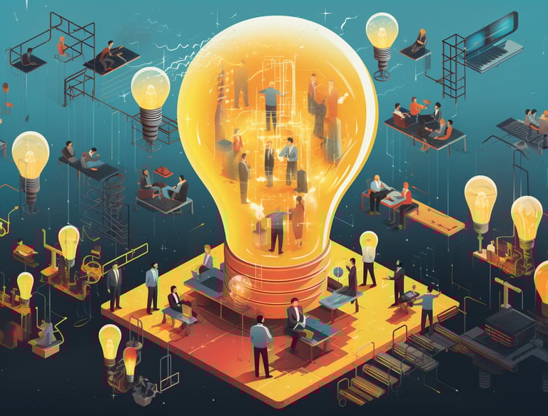a group of people standing around a light bulb