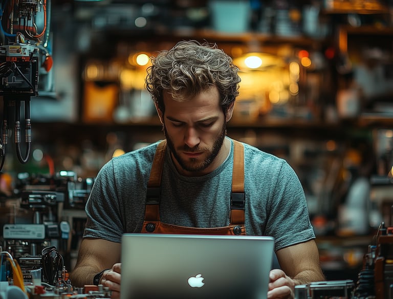a man working on a laptop computer in a workshop
