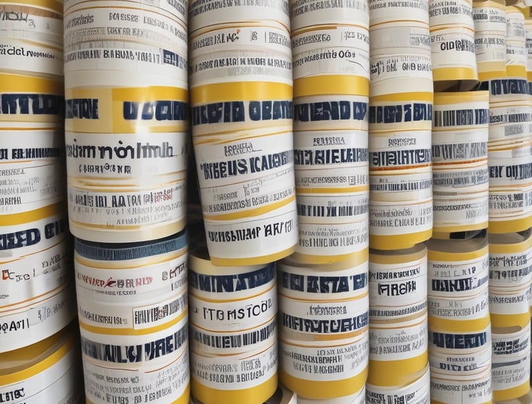 Crinkled brown paper packages are neatly arranged on a wooden surface. The packages have handwritten text on them, possibly denoting a brand, with a clear, simple stamp-like design.