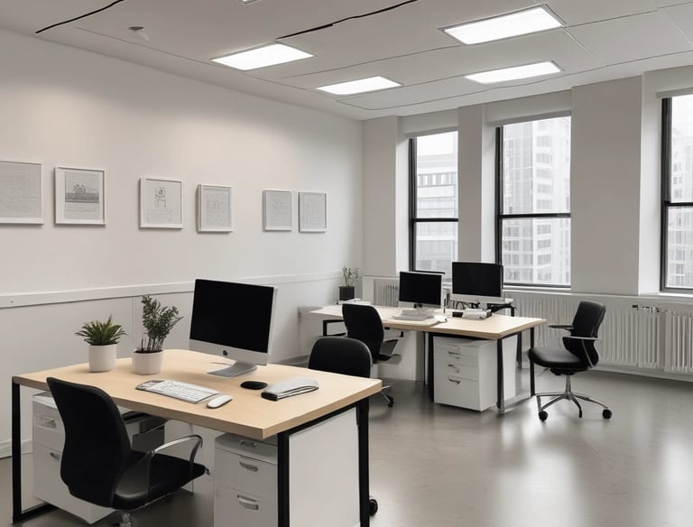 A sunlit patio with terracotta tiles is adorned with cleaning equipment, including a wet and dry vacuum, containers of cleaning solutions, and a pressure washer. A portion of a white car is visible near a hedge-lined driveway, while lush green vegetation and a manicured lawn provide a backdrop.