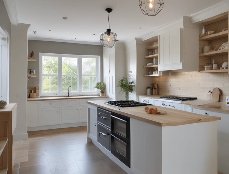 A red sign with white text reads 'God's Servants at Work', placed on a grassy area in front of a residential house. The background contains a ladder, some paint supplies, and garden tools leaning against a structure, suggesting ongoing house maintenance or renovation.