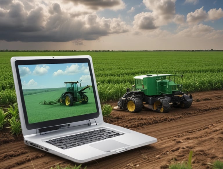 The image captures a close-up view of agricultural machinery, possibly a combine harvester or similar equipment, with sharp metal components aligned in parallel. The background features blurred greenery, hinting at a rural or farm setting.