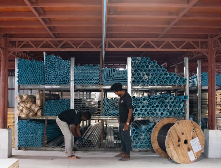 Two men standing in a warehouse with a lot of pipes