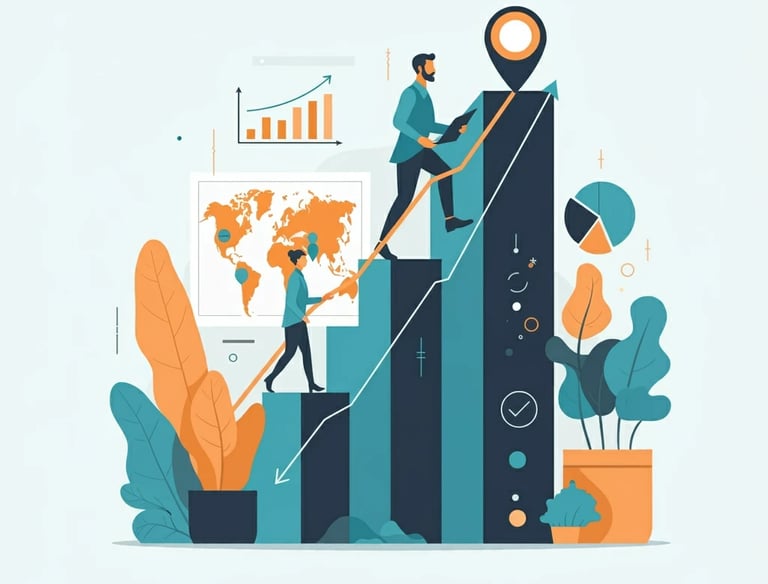a man and woman climbing up a ladder to reach a chart