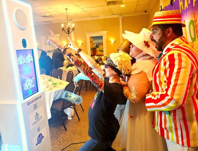a man and woman in costumes posing in a tower photo booth