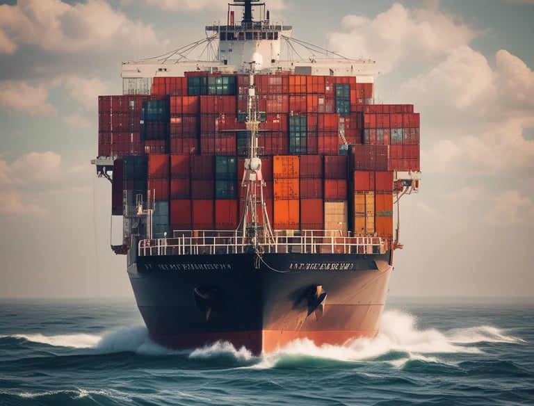 Multiple stacked shipping containers in various colors, including red, green, blue, and orange. The containers are branded with names such as Hapag-Lloyd and China Shipping, and they are stacked on a freight train.