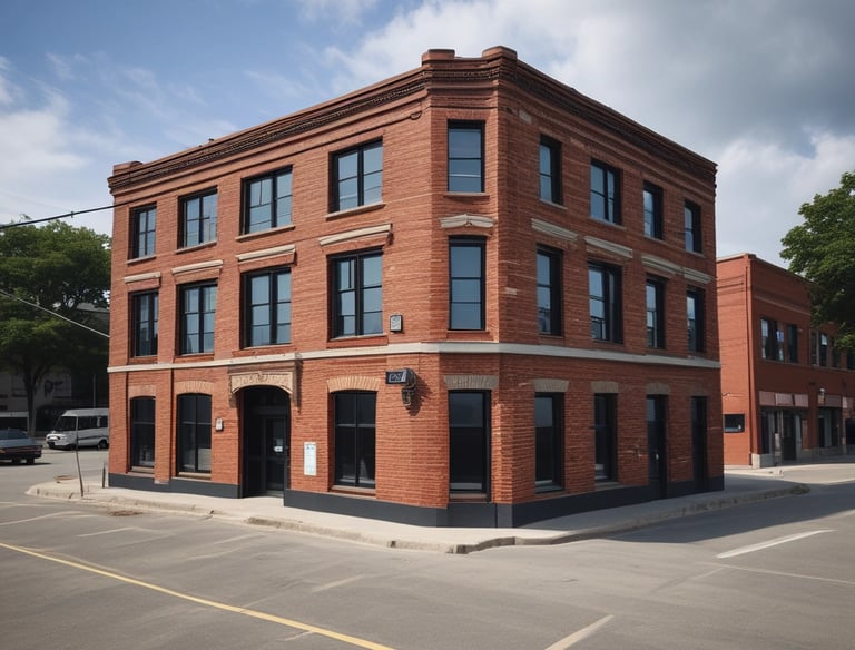 A modern commercial building with clear blue skies in the background.