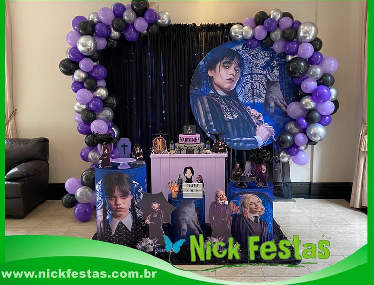 Aluguel de decoração infantil Wandinha na Freguesia do Ó com mesa decorada temática