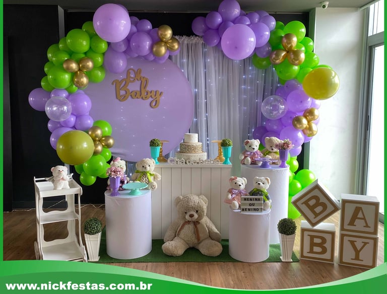 Aluguel de decoração infantil Chá de Bebê Ursinhos Lilás e Verde na Freguesia do Ó