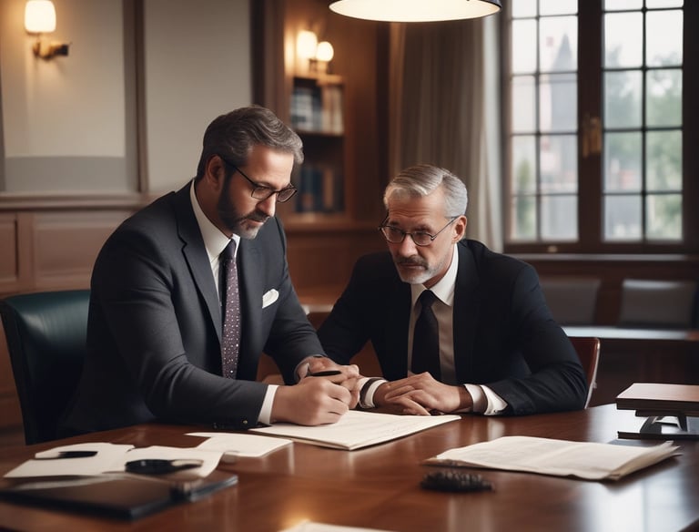 A lawyer consulting with a client in an office setting.