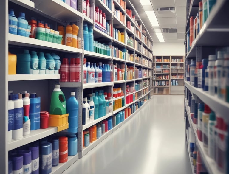 A person is smiling and holding two bottles of cleaning product in a store aisle. Behind them are various household items like detergents, hygiene products, and bath sponges displayed on shelves. The atmosphere appears cheerful and casual.