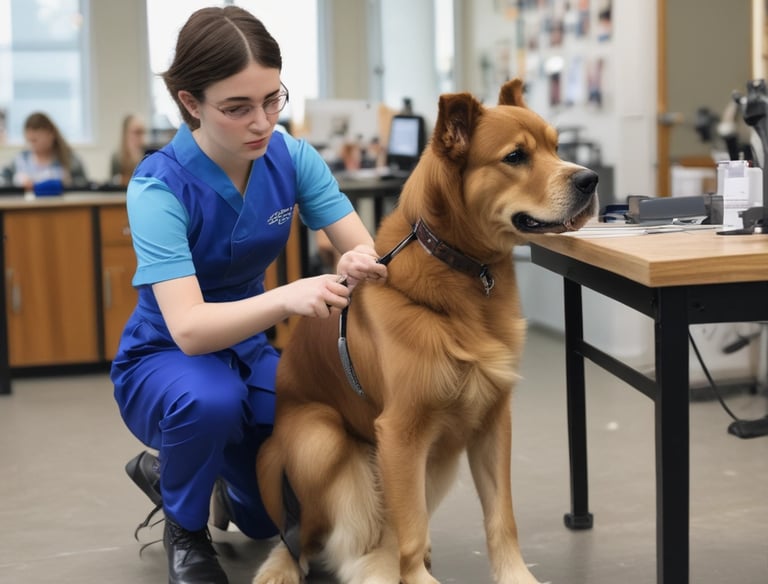 A small, fluffy dog with a gray and white coat is standing on a grooming table, attached with a blue harness. The room is well-lit with large windows and contains grooming equipment including dryers and a pair of scissors. Another dog, partially visible, is on a similar table in the background.