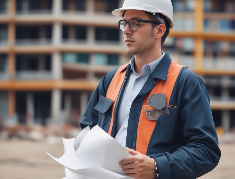 A construction site with large concrete pillars supporting an elevated structure. In the background, there is a blue and orange industrial crane with a number 3 visible on it. The setting appears urban, with buildings surrounding the construction area.