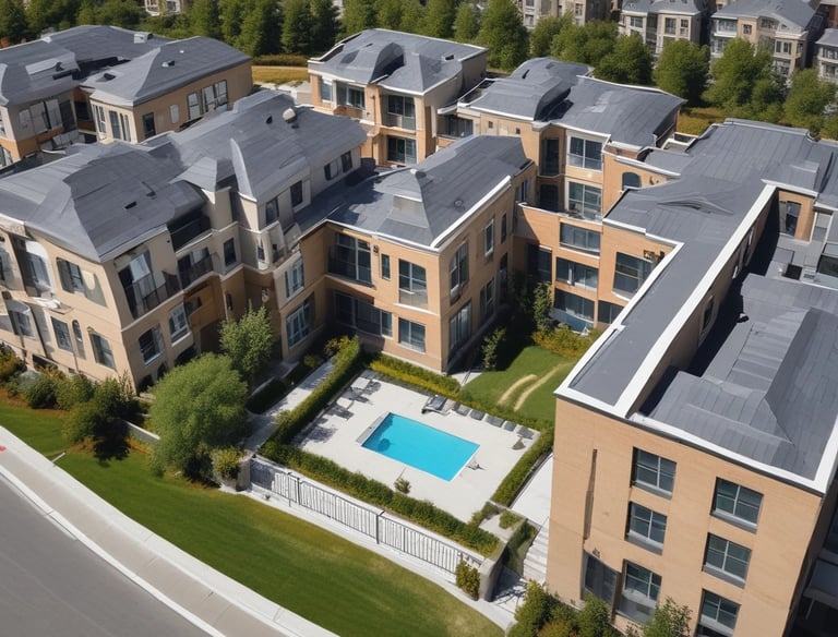 A waterfront scene featuring two large, modern houses with spacious terraces facing a calm body of water. The houses have palm trees nearby, adding a tropical feel to the environment. The sky is clear and blue, and the water reflects the buildings and the sky.