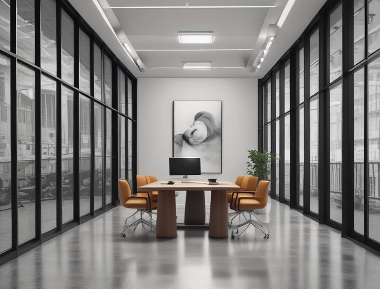 A person in a dark suit is holding a professional video camera in a room that appears to be a studio or set. The background includes a large blue illuminated window, some furniture, and various objects such as a globe.