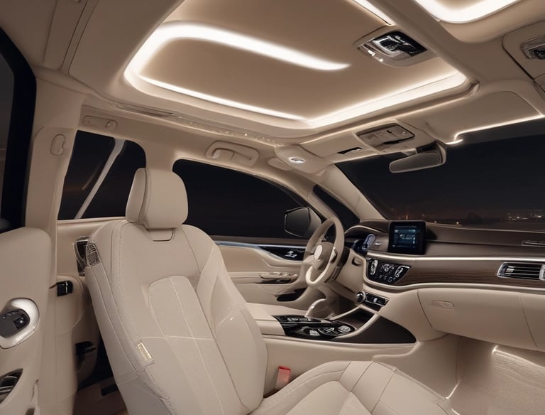 Several car care products, including bottles of wax and detailing spray, are placed on a soft cloth in a garage setting. A red tool chest stands in the background, slightly out of focus, against a backdrop of shelves and storage areas. The products feature prominent labels and branding.