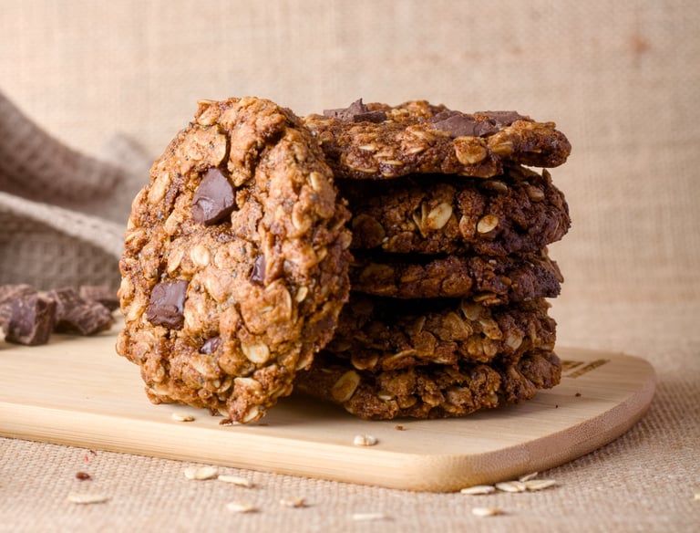 Stack of homemade chewy oatmeal chocolate chip cookies