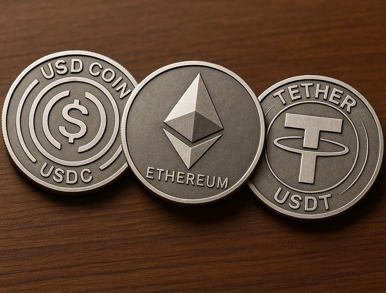 a group of coins and coins with the words ether coin