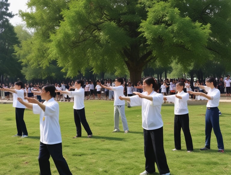 A group of people dressed in white martial arts uniforms are kneeling in meditation or focus. They are positioned in a row on an outdoor pathway surrounded by trees and a concrete wall.