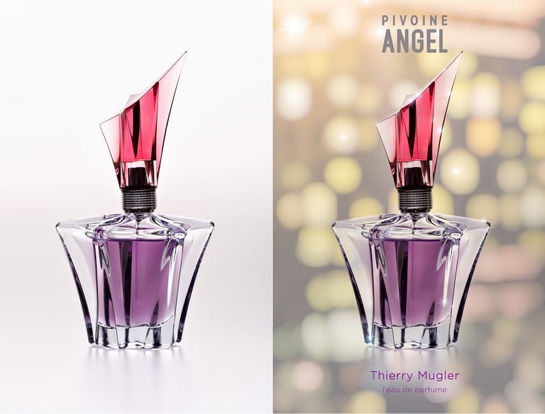 Product photography, perfume bottle, integrated in a social media ad