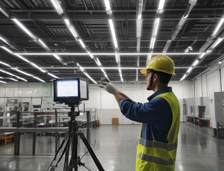 Industrial control panels with various buttons, switches, and display screens are placed in a well-lit environment. The setup suggests a technical or engineering setting with panels housing electronic or communication equipment.