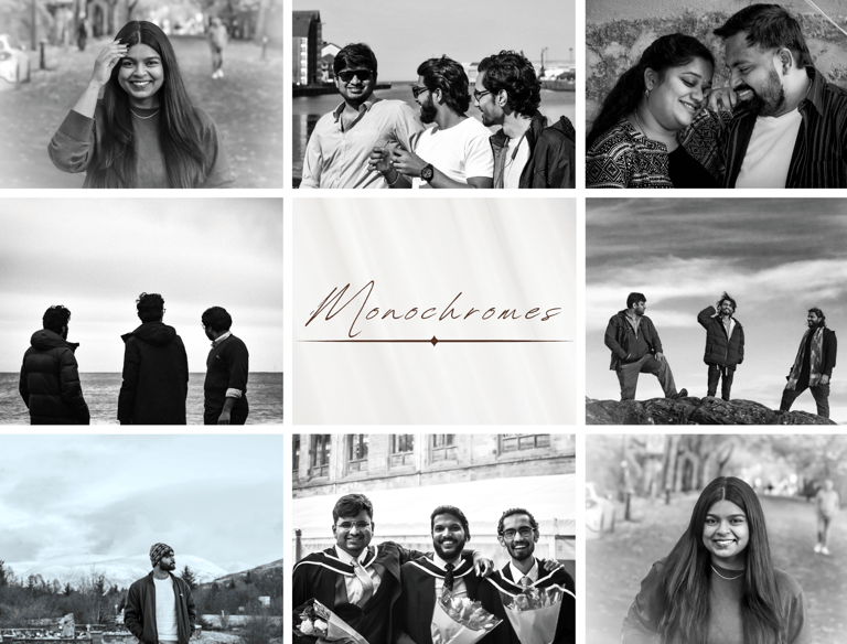 a collage of monochromatic portraits