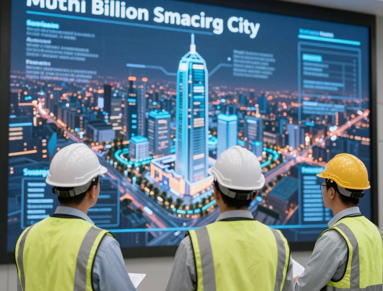 A team reviewing detailed infrastructure project plans and feasibility reports in a modern office.