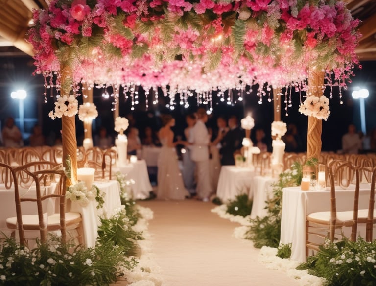 A setup of round tables and chairs covered in white cloth is arranged outdoors on a patch of green artificial turf. Multiple serving stations or buffet tables are positioned in the background under white tents. The setting is adjacent to a brick building.
