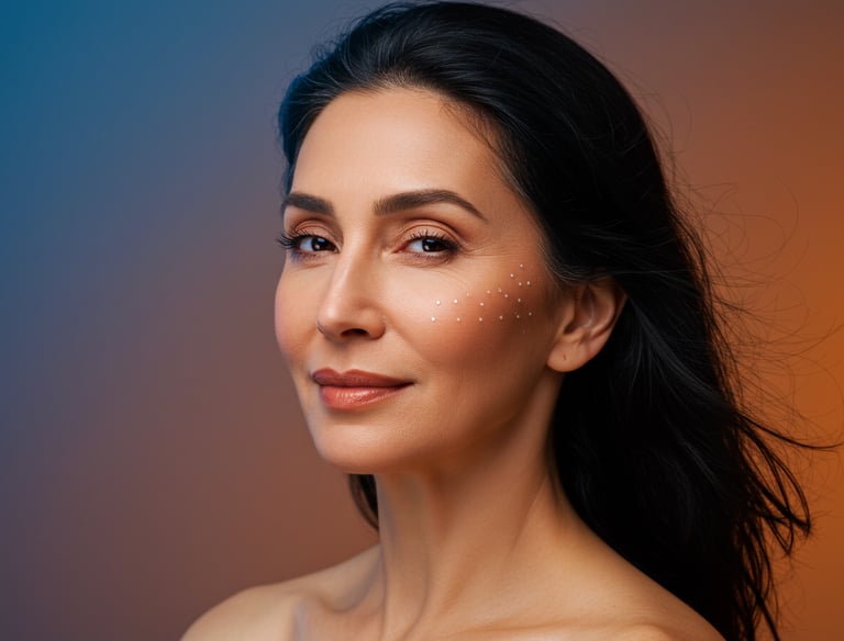 A beautiful dreamy aesthetic Beauty Portrait for Microneedling of a mature woman with dark hair