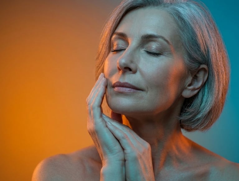 Mature woman with glowing skin touching her face, demonstrating anti-aging skincare for healthy aging.